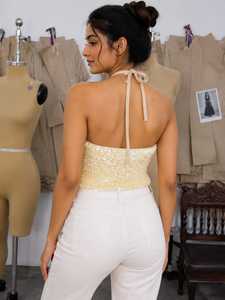 Haut court d'été pour femme, fait main, à sequins, style coquillage, dos nu, avec embellissements perlés, 100% polyester, en dentelle, séchage rapide, pour la plage - Product Image 3