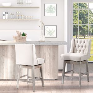 Set di 2 Sgabelli da Bar Girevoli Contemporanei da 27 Pollici, Altezza Bancone, Rivestimento in Lino Beige con Design Trapuntato a Bottoni e Base Cromata - Product Image 2