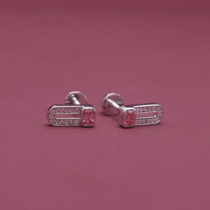 IGI Certified Lab Grown Diamond Pink Emerald Cut Paperclip <b>Stud</b> <b>Earrings</b> in 14K White / Rose & Yellow Gold Geometric <b>Earrings</b> - Product Image 4