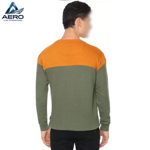 Sweat-shirt en molleton colorblock pour homme, personnalisé, vert olive et jaune moutarde contrastant, col rond, pull décontracté, vente en gros - Product Image 2