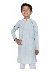 Ensemble Kurta Pyjama Garçon en Rayonne Bleu Clair, Manches Longues, Coupe Classique, Tenue Traditionnelle Ethnique pour Mariage et Fêtes - Product Image 1