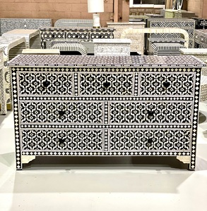 Classic Style Wooden <b>Chest</b> of Drawers with Black and White Geometric Inlay Pattern <b>Storage</b> Cabinet for Living Room - Product Image 3