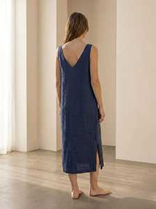 Vestido midi de lino sin mangas con cuello en V, corte holgado, color liso, dobladillo con abertura, vestido casual de verano, tela tejida transpirable - Product Image 2