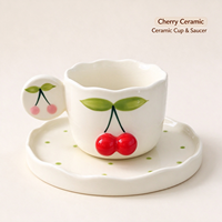 Ensemble tasse à café et soucoupe en céramique cerise mignonne de 180 ml, tasse à thé en porcelaine faite à la main avec soucoupe pour le thé de l'après-midi et le café