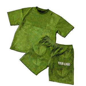Ensembles de t-shirts personnalisés pour hommes avec logo, ensembles courts d'été 2 pièces avec strass, 100% coton French Terry respirant - Product Image 5