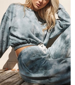 Wholesale custom logo women's long sleeve elastic hem crop top with <b>matching</b> <b>joggers</b> trousers - Product Image 1