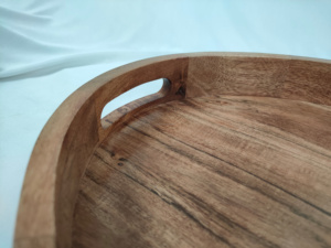Plateau décoratif rond en bois d'acacia de 17x13 pouces avec poignée pour salon table basse lit petit déjeuner bougie présentoir plateaux de rangement - Product Image 5