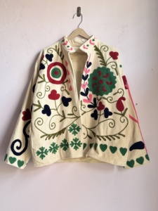 Cream <b>Corduroy</b> Embroidered Suzani <b>Jacket</b> | Folk Art Floral Quilted Bomber | Multi-Color Boho Suzani Style - Product Image 1