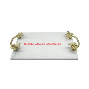 Rectangular Decorative White <b>Marble</b> Serving Tray With Gold Metal Embossed <b>Tree</b> Branch Handles Top Selling and High Quality - Product Image 4