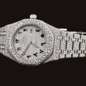 DiaDream Gems & Jewel Fashion Hip Hop Man's 41mm Round <b>Arabic</b> Numerals Dial Moissanite Diamond Quartz Movement Silver Band <b>Watch</b> - Product Image 5