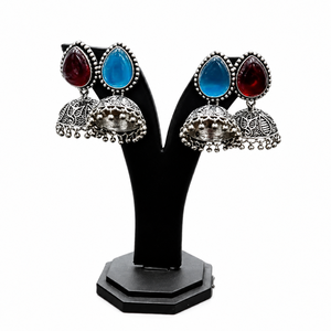 Wholesale Trendy Banjara Jhumka <b>Silver</b> Plated Brass Princess Cut Zircon Bezel Setting <b>Stud</b> Earrings for Women Engagement - Product Image 2