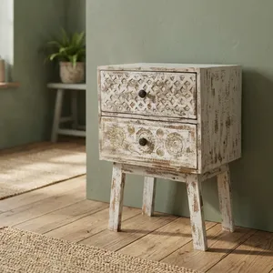 Vintage Distressed Wooden Two Drawer <b>Bedside</b> <b>Table</b> Rustic Nightstand Bedroom Storage Side <b>Table</b> Farmhouse Home Furniture - Product Image 4