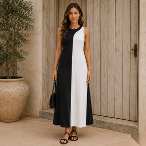 Vestido Maxi Asimétrico sin Mangas con Bloques de Color, Cuello Redondo, Silueta en A, Tejido de Punto Transpirable, Vestido Casual de Verano - Product Image 1