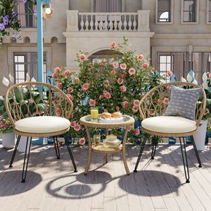 Set da Esterno U_STYLE in 2 Pezzi, Sedie Singole in Rattan con Tavolo Rotondo in Vetro per Terrazze, Balconi o Cortili - Product Image 1