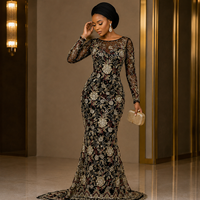 Vestido de Mujer con Encanto Étnico Clásico, Tela de Encaje Nigeriana Auténtica, Bordado Computarizado con Patrón Floral, Poliéster/Algodón, 120 GSM