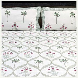 Parure de lit ethnique à imprimé floral blanc, rose et bleu, style printemps-été, logo personnalisé, 100 % coton, draps doux et respirants - Product Image 2