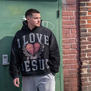 Sudadera con Capucha I Love Jesus, Sudadera Cristiana con Bordado de Algodón Grueso, Ropa Urbana con Mensaje Religioso - Product Image 3