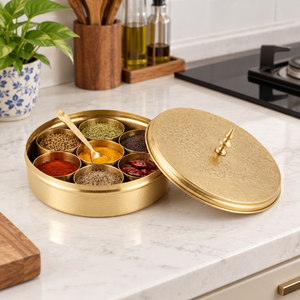 Handcrafted Brass Spice Box Masala Dabba Organizer <b>Container</b> Set Engraved <b>Lid</b> Spoon Indian Kitchen Storage Round Golden Holder - Product Image 3