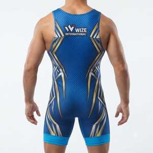 Wize International Blue Wrestling Singlet With Gold <b>Silver</b> Geometric Design Men's Gym Wear Men Singlets - Product Image 2