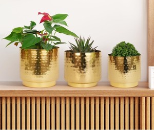 Set of 3 Gold Hammered Metal Planters | Decorative Indoor Plant <b>Pots</b> for <b>Succulents</b> Flowers & Modern Home Decor - Product Image 6