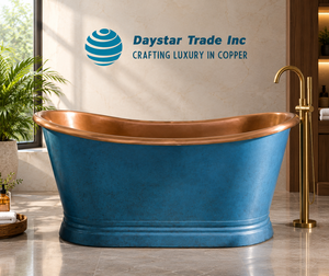 Bañera Ovalada de Cobre de Lujo Moderna, Independiente, de Daystar Trade Inc, Exterior Azul, Grifo Dorado, Ecológica y Duradera para Adultos - Product Image 1