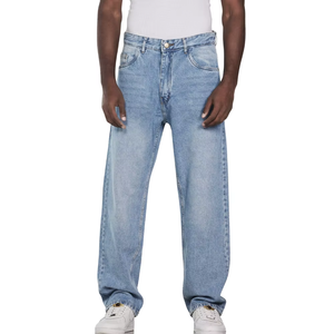 Jean en denim délavé coupe droite ample pour homme, style vintage, respirant, idéal été-automne - Product Image 1
