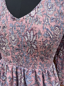 ชุดเดรสพิมพ์ลายด้วยมือ ผ้าฝ้ายอินเดีย เดรสยาวพิมพ์ลาย คอวี แขนยาว ลายดอกไม้ ชุดเดรสยาวแม็กซี่สำหรับผู้หญิง - Product Image 3