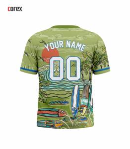 เสื้อเชิ้ตคอเร็กซ์แขนสั้นพิมพ์ลายเขตร้อนสีเขียวสำหรับผู้ชายพร้อมลายกระดานโต้คลื่นคอกลมเสื้อเชิ้ตปกติ - Product Image 2
