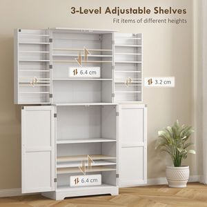 72\" Tall White Farmhouse <b>Kitchen</b> Pantry Cabinet 4 Barn Doors & 8 Door <b>Shelves</b> 4 Adjustable Wood & Aluminum <b>Shelves</b> - Product Image 6
