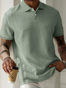 T-shirt à manches courtes en tricot jacquard géométrique vert sauge pour homme, style Old Money, élégance française, décontracté pour l'été - Product Image 1