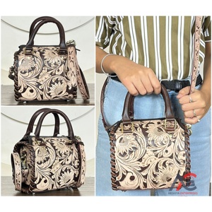 Bolso de Mano de Cuero Vacuno Genuino Hecho a Mano con Diseño Floral Occidental de Alta Calidad para Mujer, Bolso de Viaje Tipo Bandolera - Product Image 1