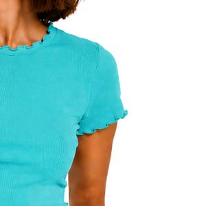 Camiseta Corta Acanalada Turquesa para Mujer, Manga Corta, Ajuste Ceñido, Dobladillo Ondulado, Algodón Elástico con Spandex, Top Casual de Verano, Moda Urbana - Product Image 4