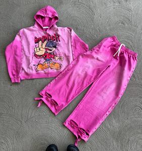 Conjunto de Sudadera con Capucha y Cremallera Completa de Algodón Premium con Pedrería Transpirable y Ecológica, y Pantalones de Chándal de Pierna Ancha, Estilo Casual, Marca Privada - Product Image 2
