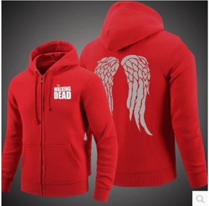 Sweat-shirt à capuche zippé unisexe The Walking Dead gris en coton molletonné imprimé ailes, idéal pour l'automne - Product Image 4