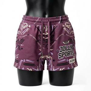 Shorts de mujer tipo booty, 240 GSM, poliéster y spandex, color borgoña, estampado gráfico, elásticos, con logo personalizado. - Product Image 5