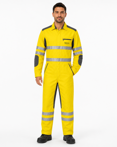 Fluorescent Yellow Charcoal Grey Reflective Industrial <b>Work</b> Coverall with Reinforced Elbows Chest Zip Pocket and Safety Tape - Product Image 5