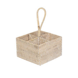 Porte-ustensiles carré en rotin tressé à la main, léger, écologique, de haute qualité, sûr pour les aliments, avec 4 compartiments et poignée - Product Image 1