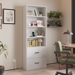 Triamine Board Display Cabinet FCH 4-Layer White Bookcase with 2 <b>USB</b> 2 Plugs & Sockets 2-Drawer 60*23.5*180cm <b>Storage</b> Solution - Product Image 2