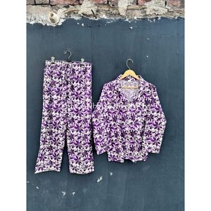 Conjunto de pijama de algodón con estampado floral, pijama de manga larga para mujer, pijama informal de corte holgado, ropa de dormir de dos piezas de longitud completa - Product Image 1