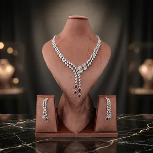 Parure de bijoux élégante en laiton plaqué rhodium avec rubis rouges et zircone cubique, collier et boucles d'oreilles, pour mariée et mariage - Product Image 1