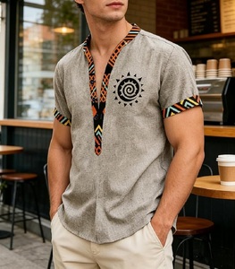 Men's Polyester/Cotton <b>Turtleneck</b> Short Sleeve Garment Dyed Woven T-Shirt with Geometric Print Contrast Trim Casual Top - Product Image 2