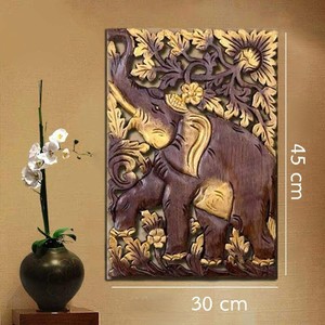 Décoration murale éléphant en bois de teck ambré sculpté à la main - Art traditionnel indien sculpté 40x30x3 cm Rectangulaire Modèle AS-0008 Fait main - Product Image 2