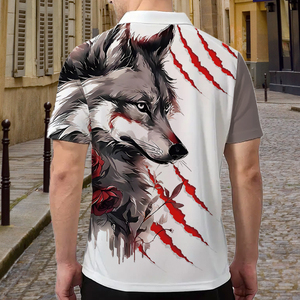 Polo Personalizado con Gráfico de Lobo en 3D para Hombre, Impresión por Sublimación Completa, Cierre de Cremallera 1/4, Blanco con Marca de Garra Roja, Ropa Urbana Hipster de Verano - Product Image 5