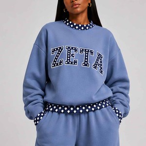 Zeta Vintage <b>Mock</b> <b>Neck</b> Crew <b>Neck</b> Cotton Fleece Sweatshirt Women Men Ladies Unisex Polka Dot Gingham Patch Chenille Patch - Product Image 6