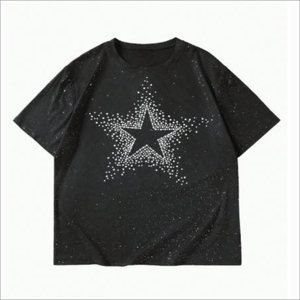 เสื้อยืดโอเวอร์ไซส์สีดำสำหรับผู้ชาย แขนสั้น คอกลม พิมพ์ลายดาววิบวับ ดีไซน์ด้านหน้าแบบถัก สวมใส่สบายทรงหลวม เสื้อยืดสีดำสำหรับผู้ชาย - Product Image 1