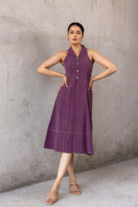 Wine Cotton Denim Midi Dress With <b>Polo</b> <b>Neck</b> Sleeveless For Women Featuring Lightweight Fabric Modern Style Comfortable Fit - Product Image 4