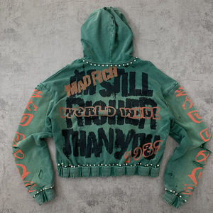Nouveau sweat à capuche en molleton 100% coton délavé à l'acide, effet vieilli, 450 GSM, pour homme, hiver, avec strass et lettres personnalisées, style streetwear - Product Image 3