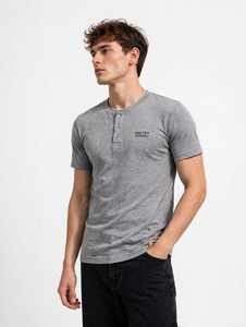 Oneten Apparel <b>Men's</b> Grey <b>Henley</b> T-<b>Shirt</b> 300 Grams Jersey Cotton Breathable Front Print Short Sleeve Casual Regular Fit - Product Image 5