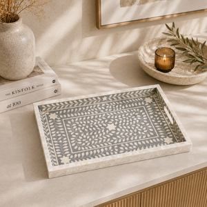 Handcrafted Bone Inlay Decorative Serving Tray with Blue Chevron Pattern Perfect for Home Decor Coffee <b>Table</b> or Gifting - Product Image 4