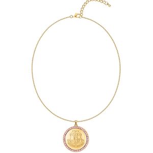 Gold Round Medallion Pendant <b>Necklace</b> with Pink Crystal Halo Fine Chain Elegant <b>Statement</b> Jewelry for Women Fashion Party - Product Image 1